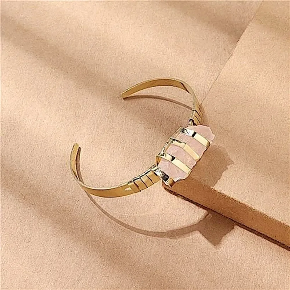 Artisan Free Spirit Unique Pink Stone Cuff Bracelet Minimalist Gold Tone Jewelry